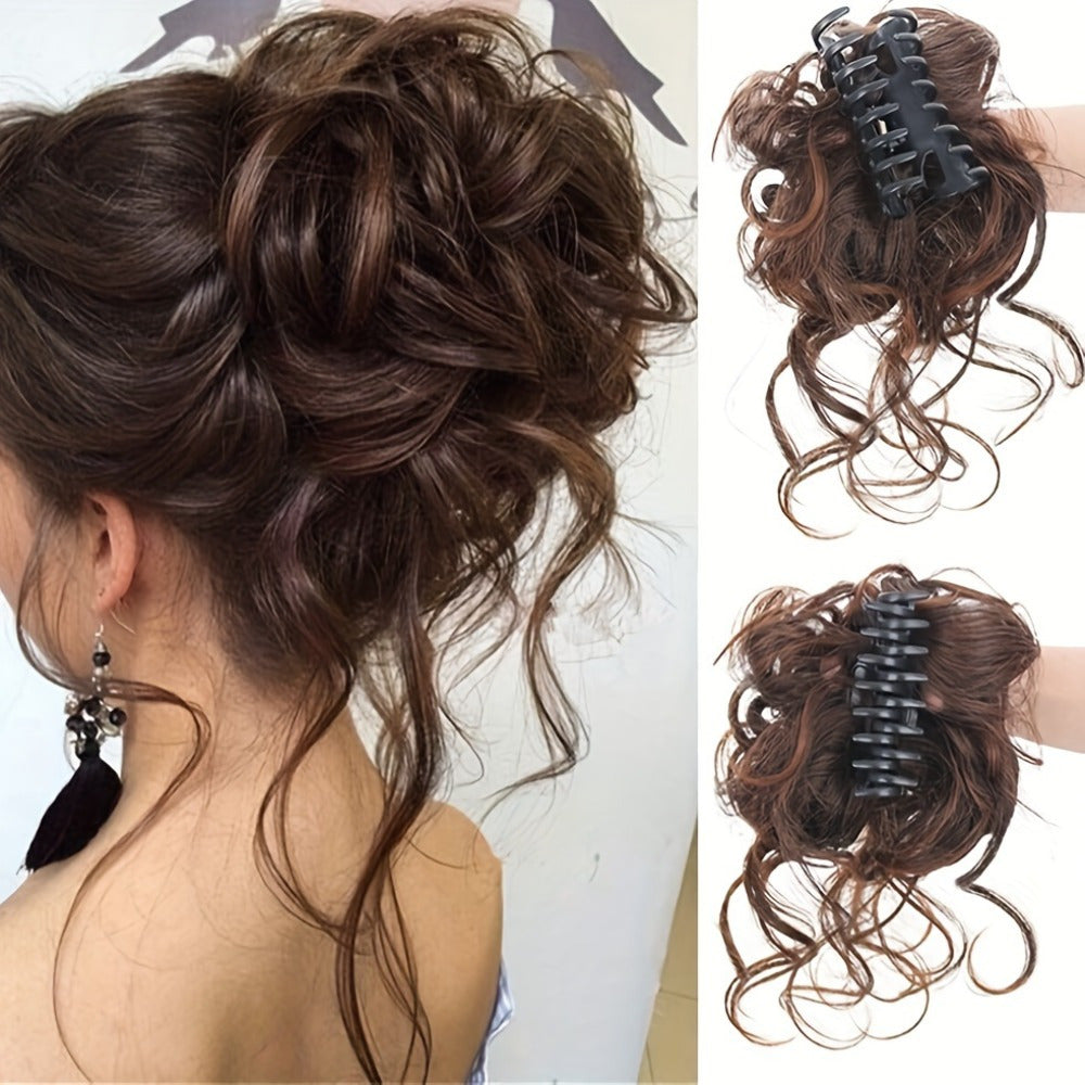 Chic Messy Bun Hairpiece for Women - Large Claw Clip, Natural Fluffy Synthetic Ponytail Extension with Long Tassels