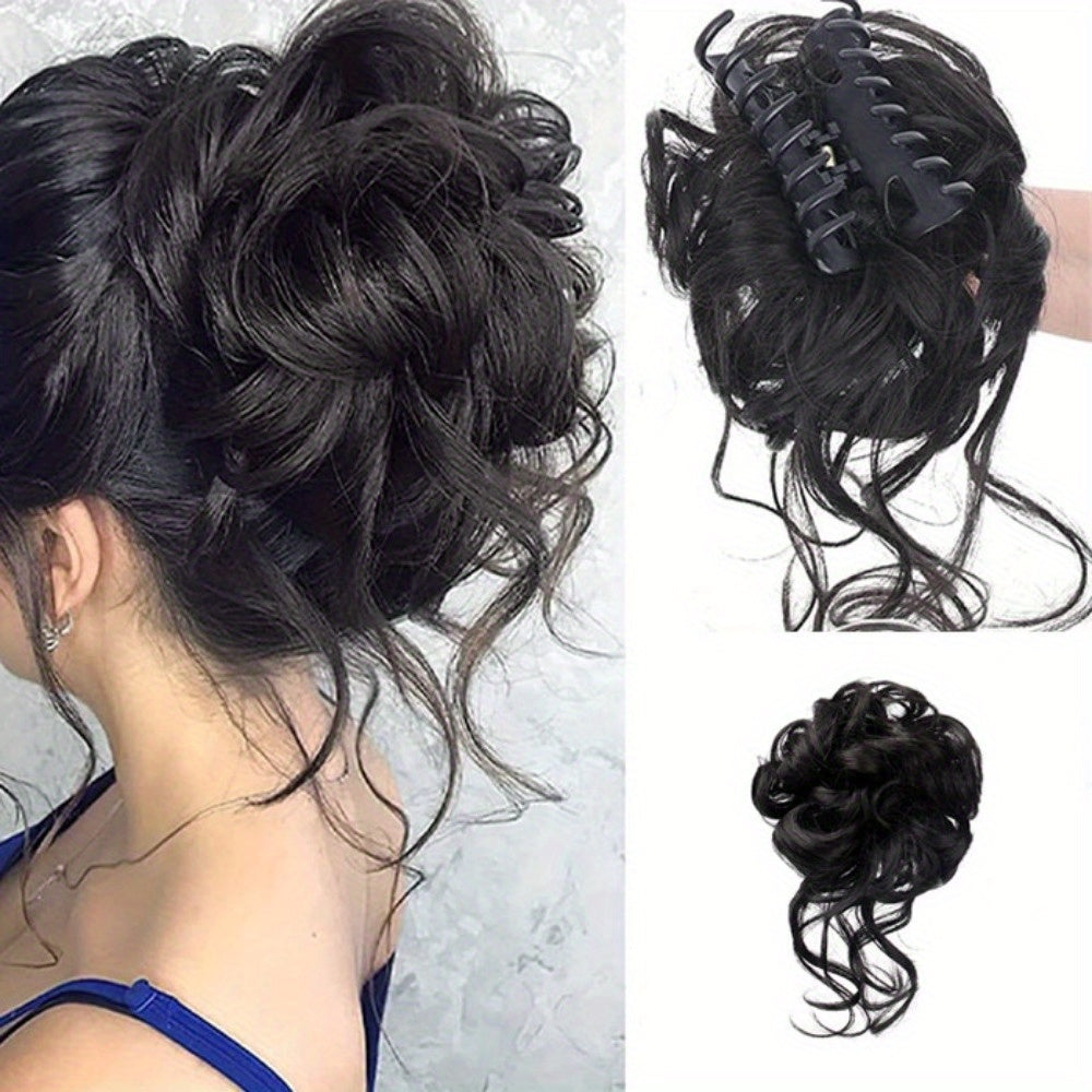 Chic Messy Bun Hairpiece for Women - Large Claw Clip, Natural Fluffy Synthetic Ponytail Extension with Long Tassels