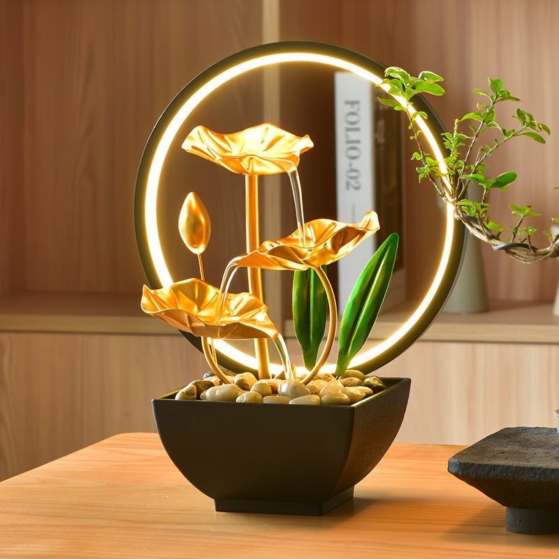 USB-Powered Tabletop Fountain, Metal Waterfall Decor with LED Ring, Relaxing Sight for Living Room, Bedroom, Study, Office, Gift for Family, Friends, Parents, Includes Natural Rocks, No Battery Included