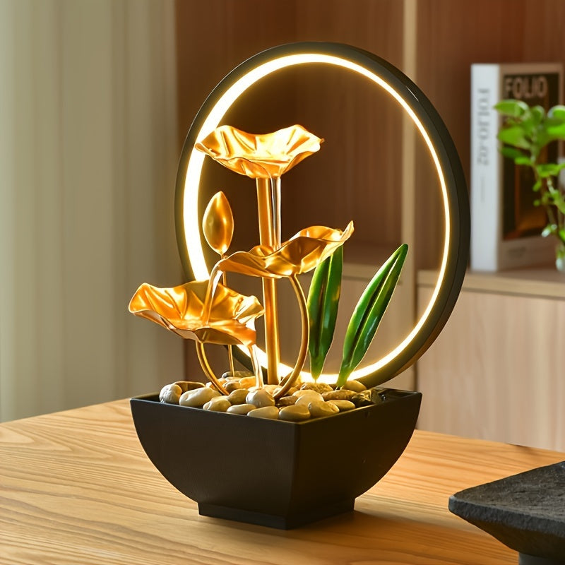 USB-Powered Tabletop Fountain, Metal Waterfall Decor with LED Ring, Relaxing Sight for Living Room, Bedroom, Study, Office, Gift for Family, Friends, Parents, Includes Natural Rocks, No Battery Included