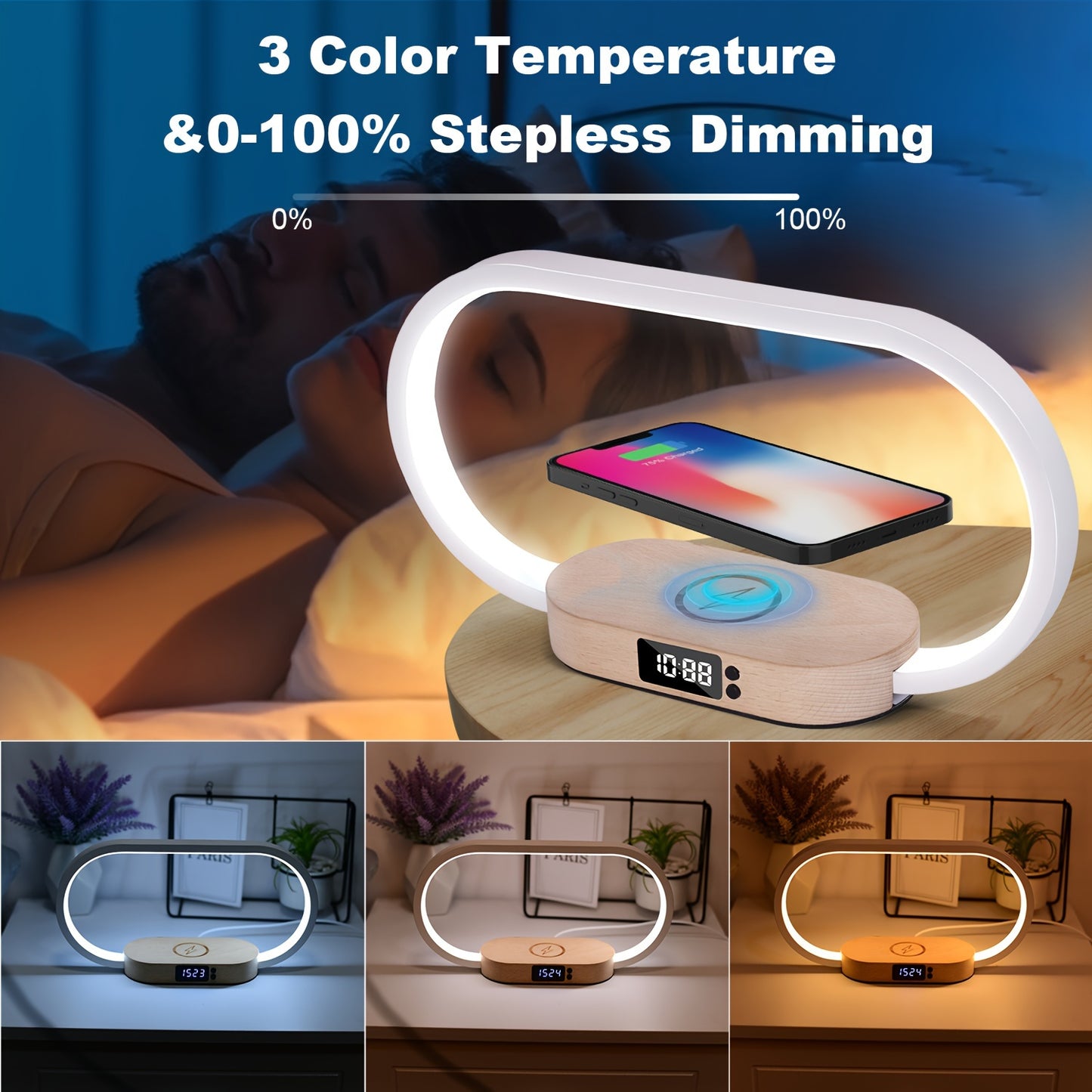 10W Multi-function Wireless Charging Station, Watch, LED Desk Lamp, Night Light, USB Port, Touch Switch, Clock, Fast Charging Station For IPhone, Samsung And Xiaomi Phones