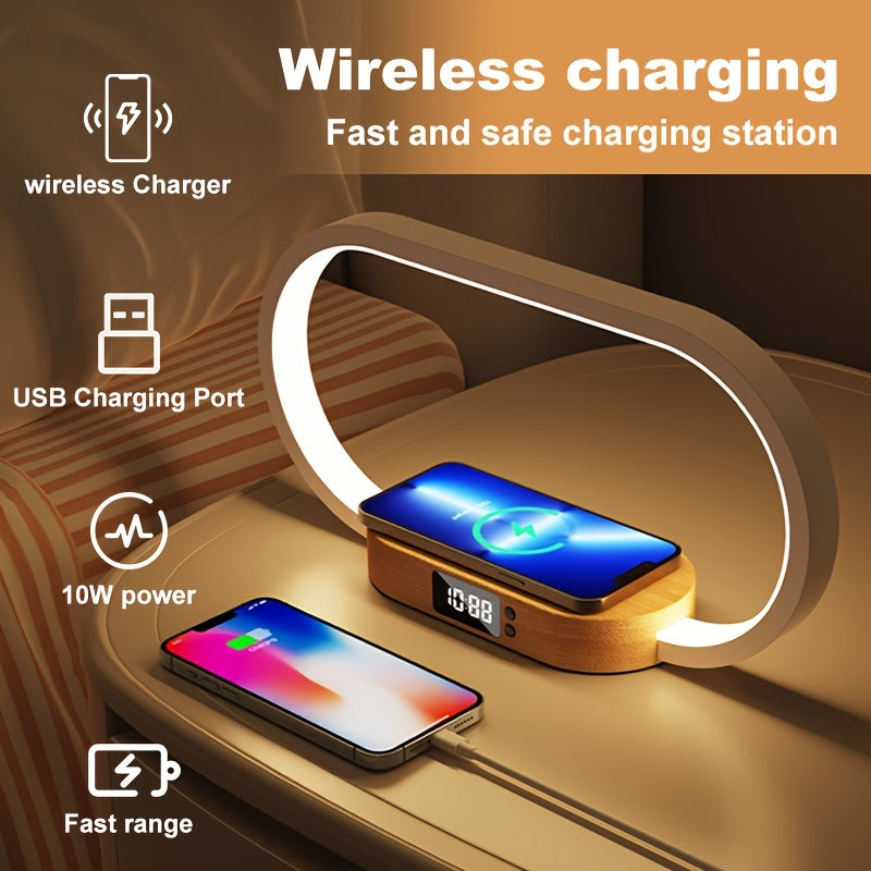 10W Multi-function Wireless Charging Station, Watch, LED Desk Lamp, Night Light, USB Port, Touch Switch, Clock, Fast Charging Station For IPhone, Samsung And Xiaomi Phones