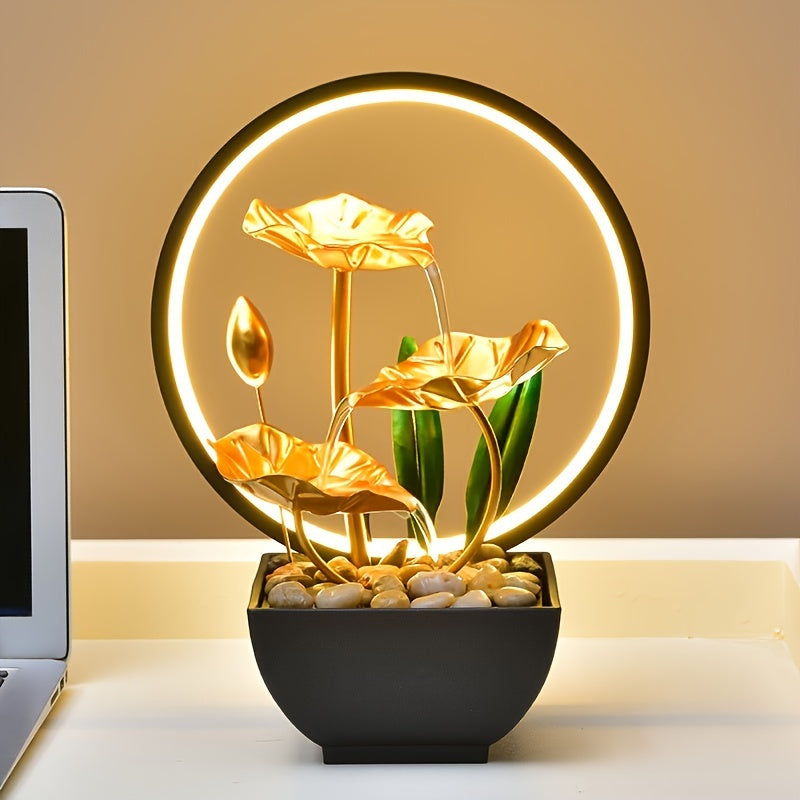 USB-Powered Tabletop Fountain, Metal Waterfall Decor with LED Ring, Relaxing Sight for Living Room, Bedroom, Study, Office, Gift for Family, Friends, Parents, Includes Natural Rocks, No Battery Included