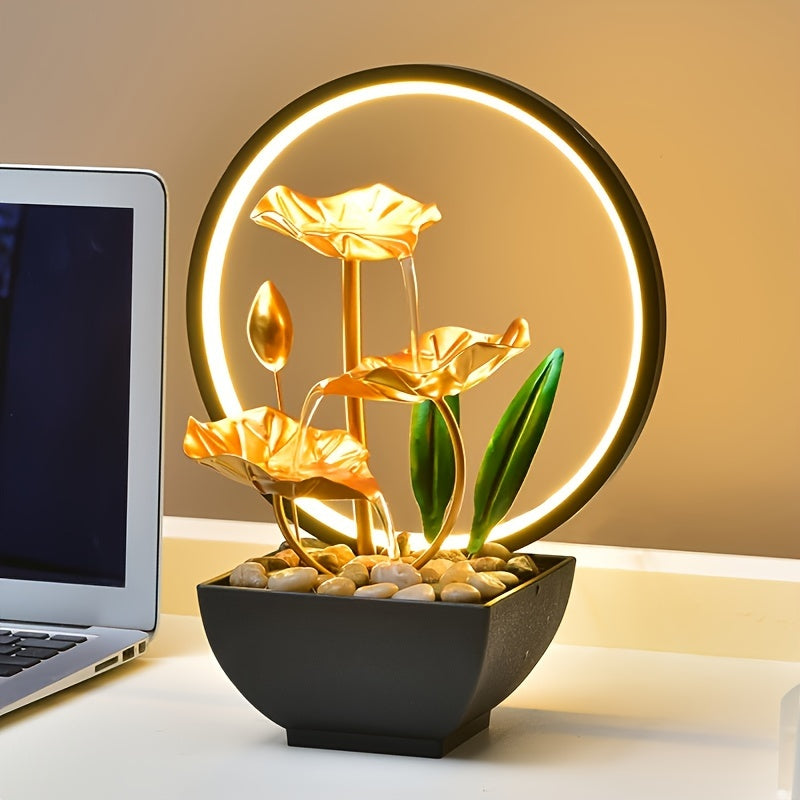 USB-Powered Tabletop Fountain, Metal Waterfall Decor with LED Ring, Relaxing Sight for Living Room, Bedroom, Study, Office, Gift for Family, Friends, Parents, Includes Natural Rocks, No Battery Included